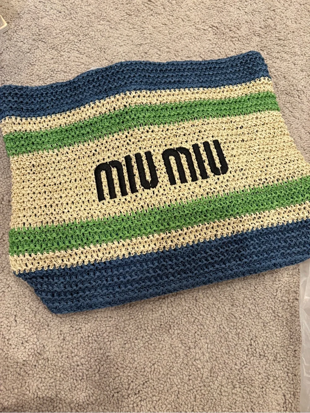 Miu Miu Crochet Striped Tote in Blue, Cream & Green GWP new - Picture 5 of 10
